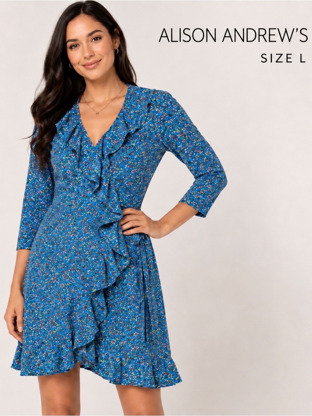ALISON ANDREWS Floral Ruffle Wrap summer preppy feminine  blue Dress/size L